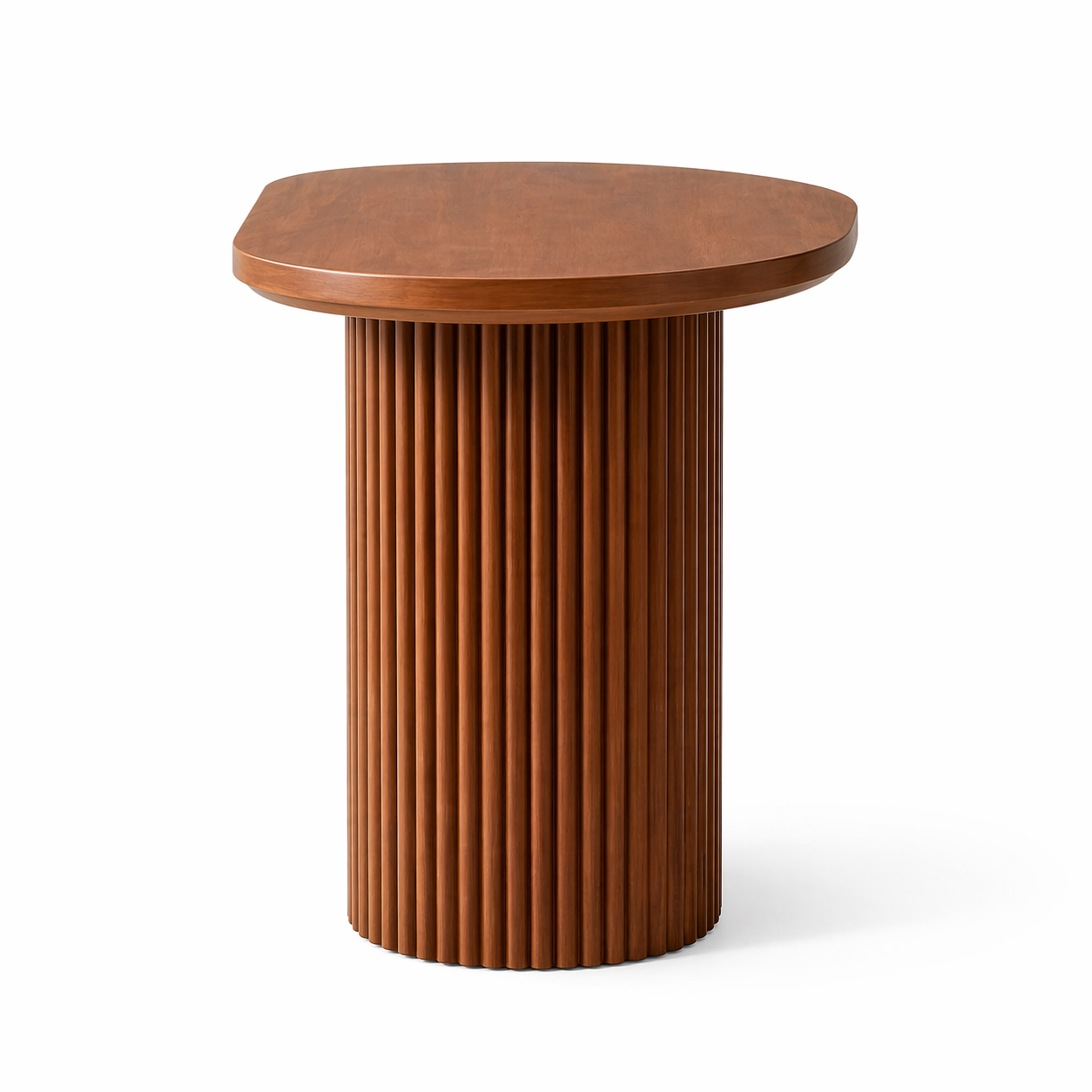 Wooden side table with a round top and ribbed cylindrical base on a white background