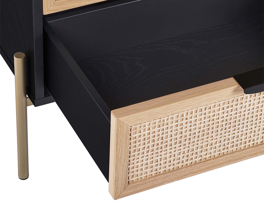 Handcrafted solid wood bedside table with rattan front. Stylish wooden nightstand for bedroom storage and home decor.