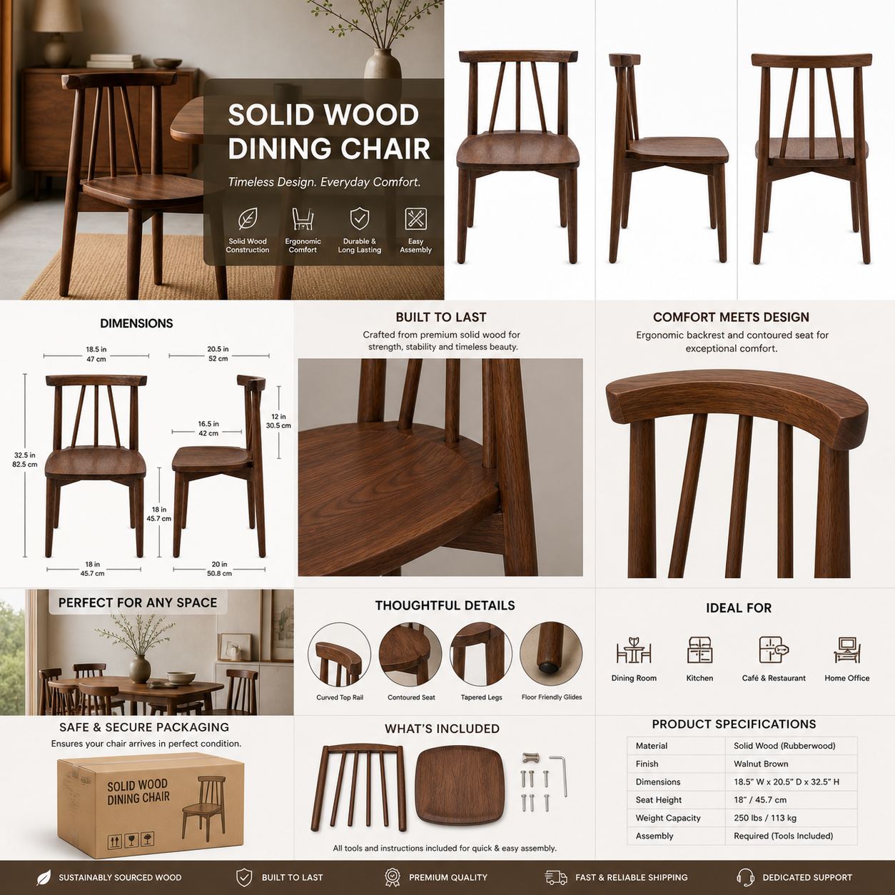 Solid wood dining chair with detailed specifications and features on a white background