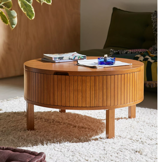 Barrel Shape Solid Wood Coffee Table With Storage