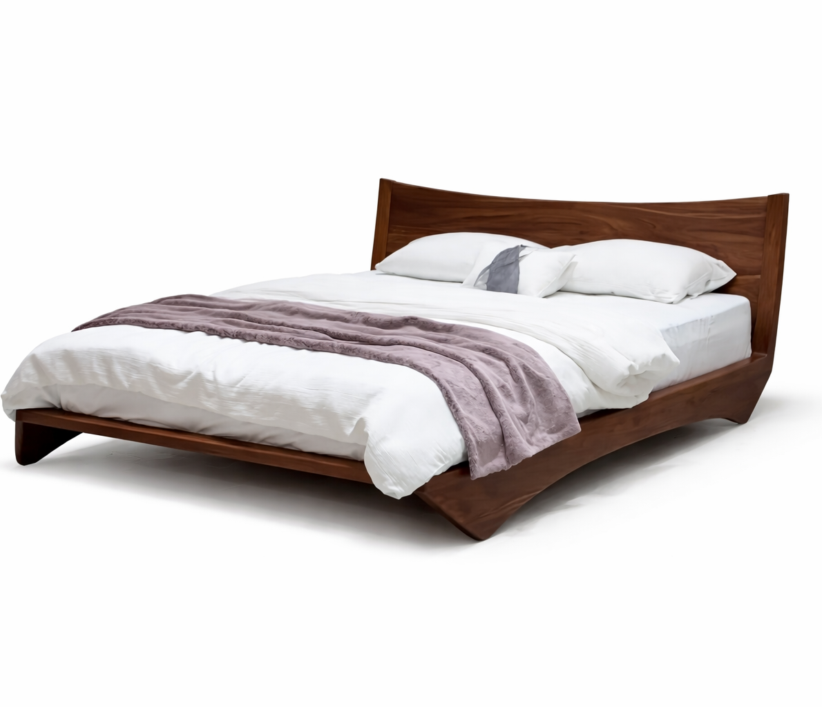 premium Wooden bed with white bedding and a purple blanket on a white background