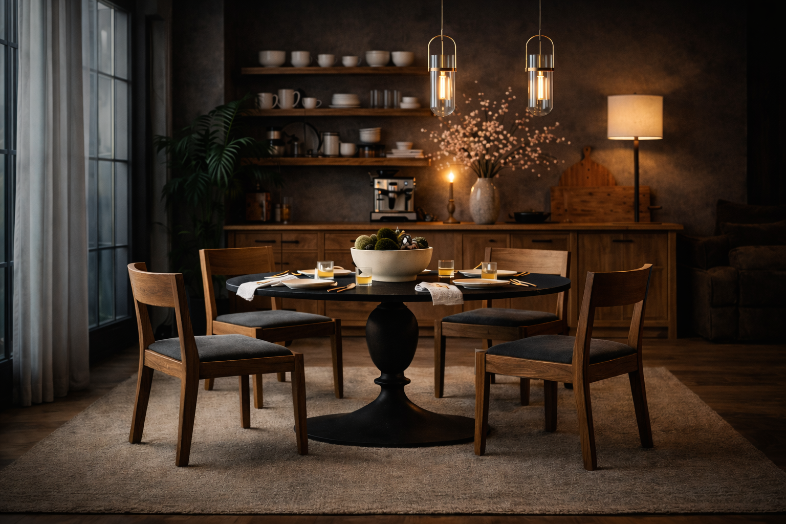 Dining room with wooden table and chairs, warm lighting, and decorative elements.