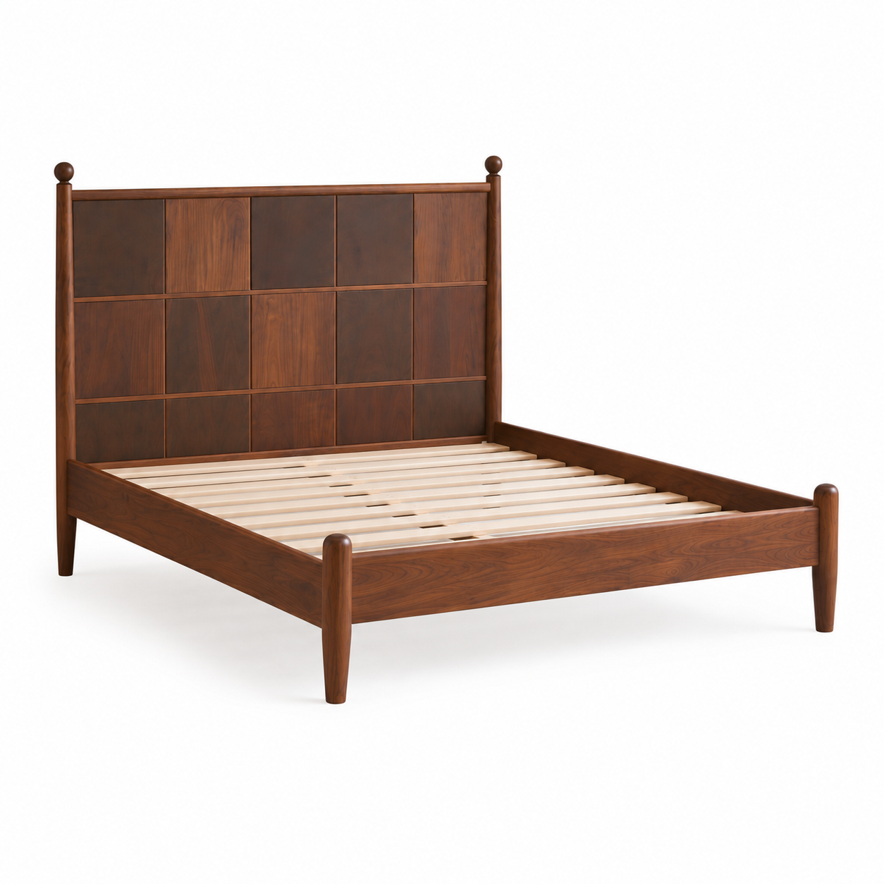 Luxury solid wood bed with tall wooden headboard and premium craftsmanship