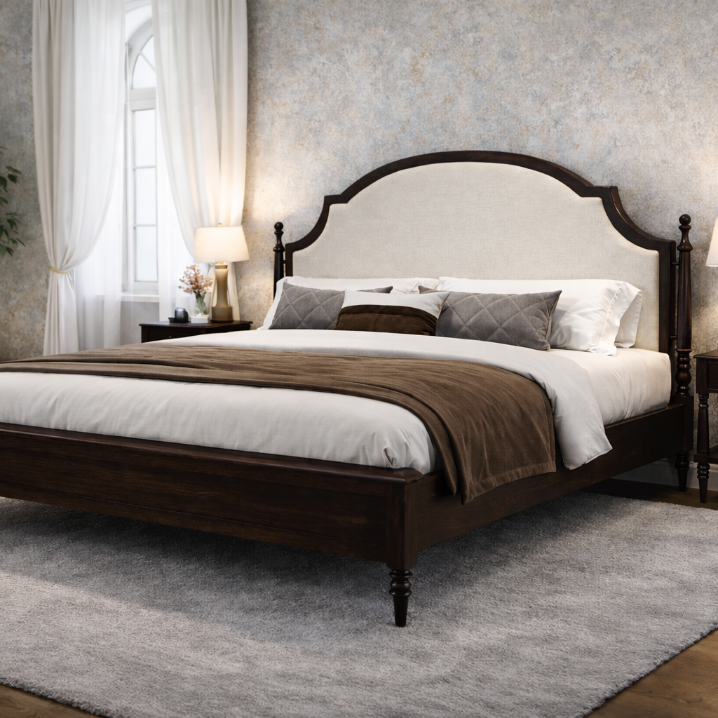 Luxury Wooden bed with white bedding and brown blanket in a bedroom setting.