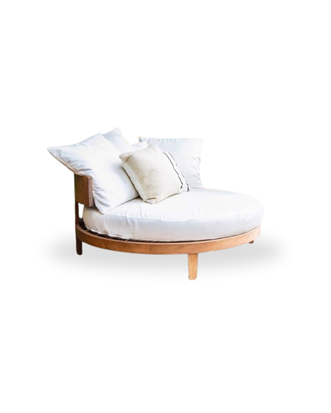 Luxury Round wooden bed with white bedding on a white background