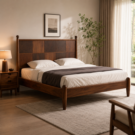 Mid century modern solid wood bed frame in walnut finish with panel headboard