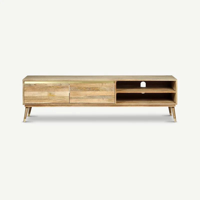 The Mid-Century Solid Wood TV Unit combines functionality with elegant design, making it an ideal centerpiece for your entertainment area.