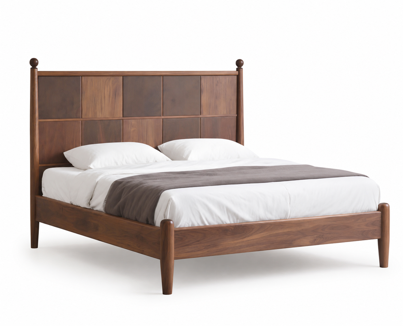Contemporary dark walnut wooden bed frame with modern bedroom decor