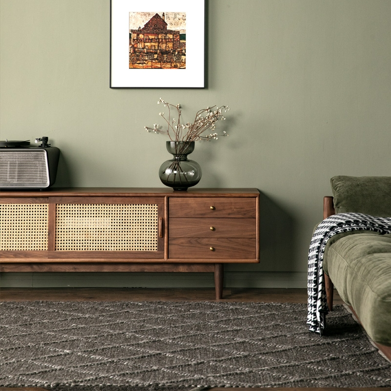 Rustic cane wooden media unit for living room - The Leaf Crafts