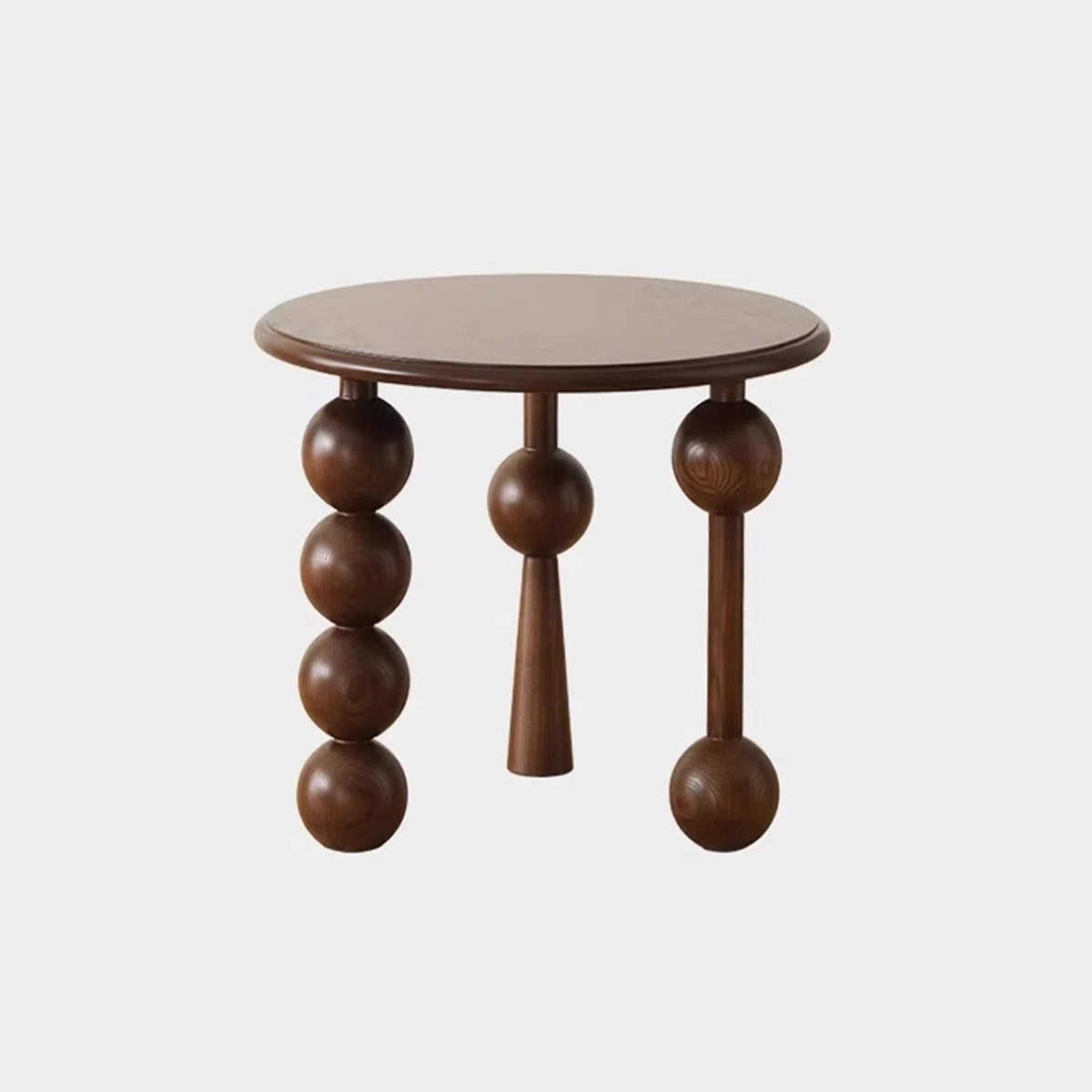Rustic Wooden side table with spherical design on a white background