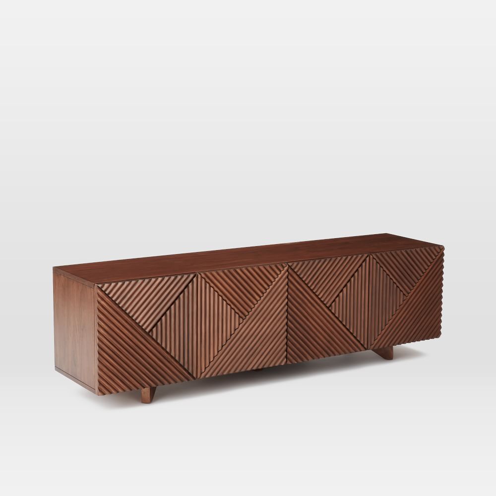 Rustic fluted wooden tv unit design - The Leaf Crafts