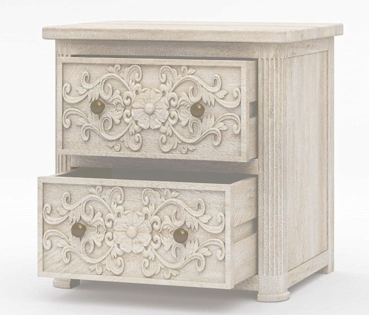 Rustic handcrafted solid wood end table with intricate carving