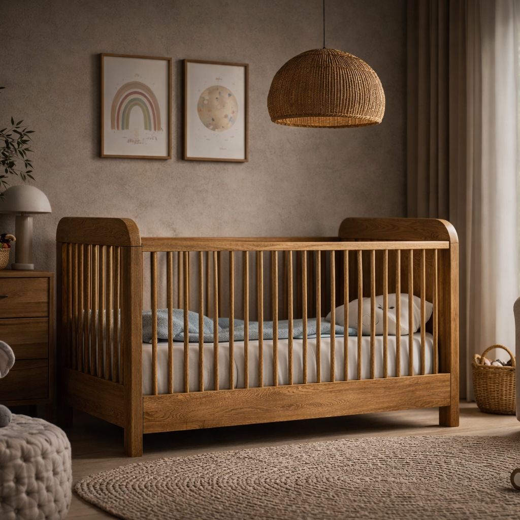 Nursery room with wooden crib, toys, and decor elements.
