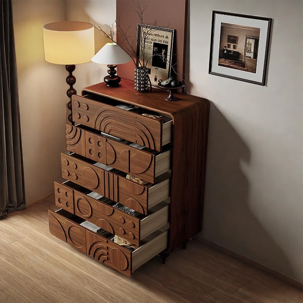 Wooden dresser with decorative drawers in a room setting