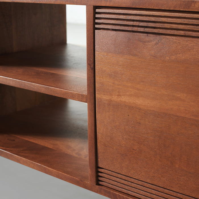 Rustic functional wooden TV unit for clutter free setup - The Leaf Crafts