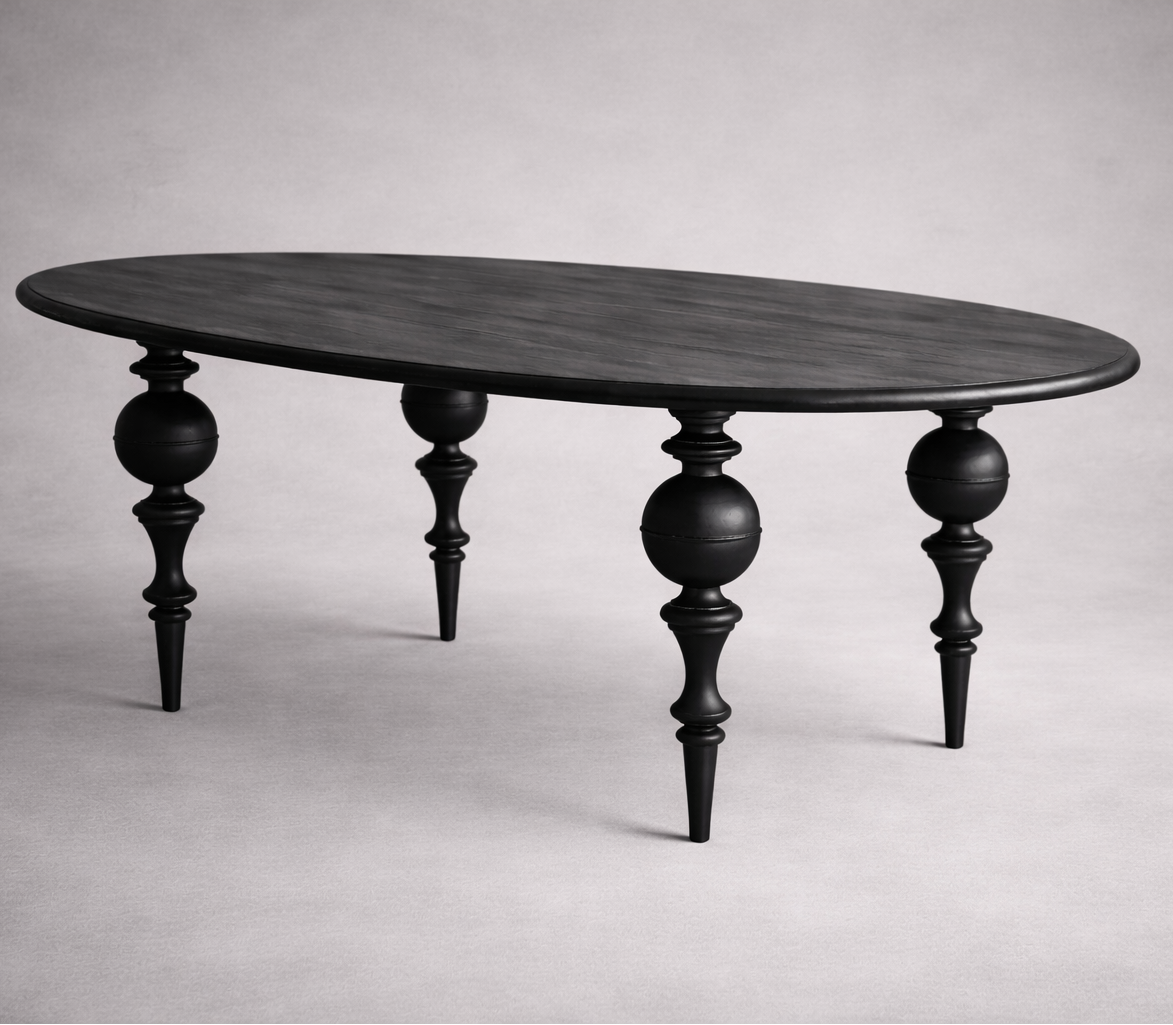 Rustic Black oval table with decorative legs on a gray background