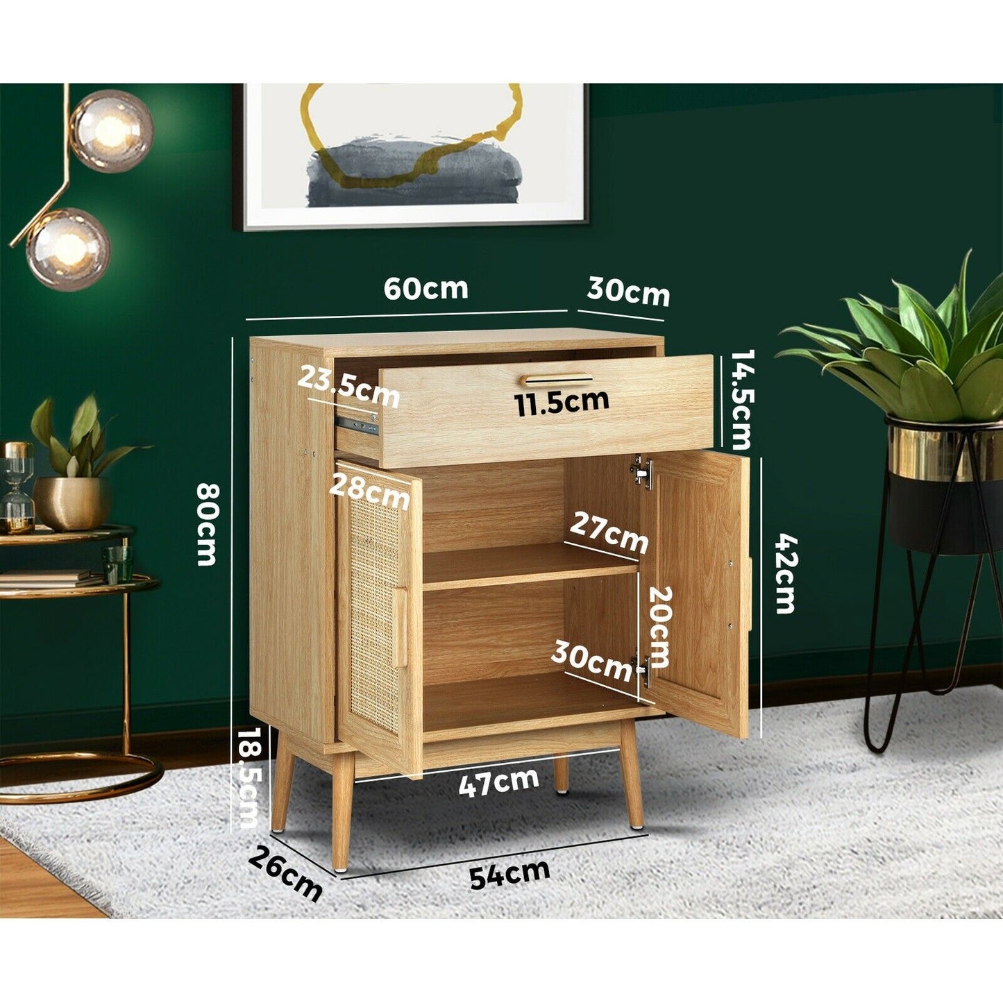Rustic solid wood drawer cabinet with cane rattan fronts- The Leaf Crafts