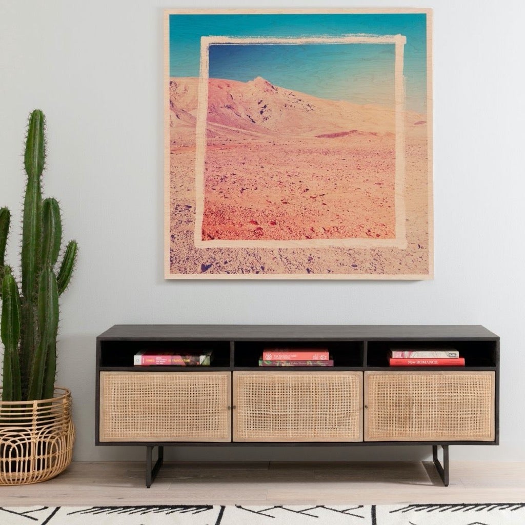 Rustic solid wood TV cabinet with cane rattan panels - The Leaf Crafts