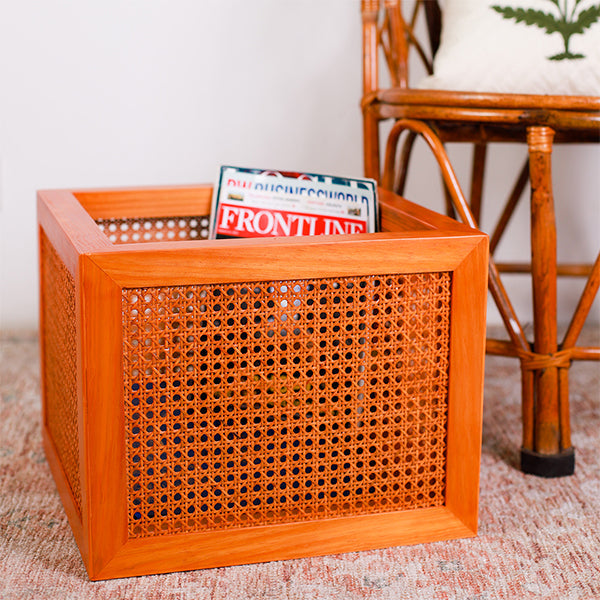 Rustic square wooden storage box with woven cane detailing - The Leaf Crafts