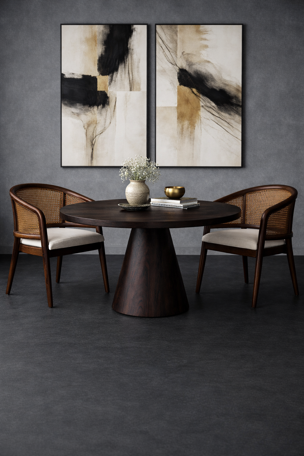 minimalist Dining room with a round table and two chairs, featuring abstract art on the wall.