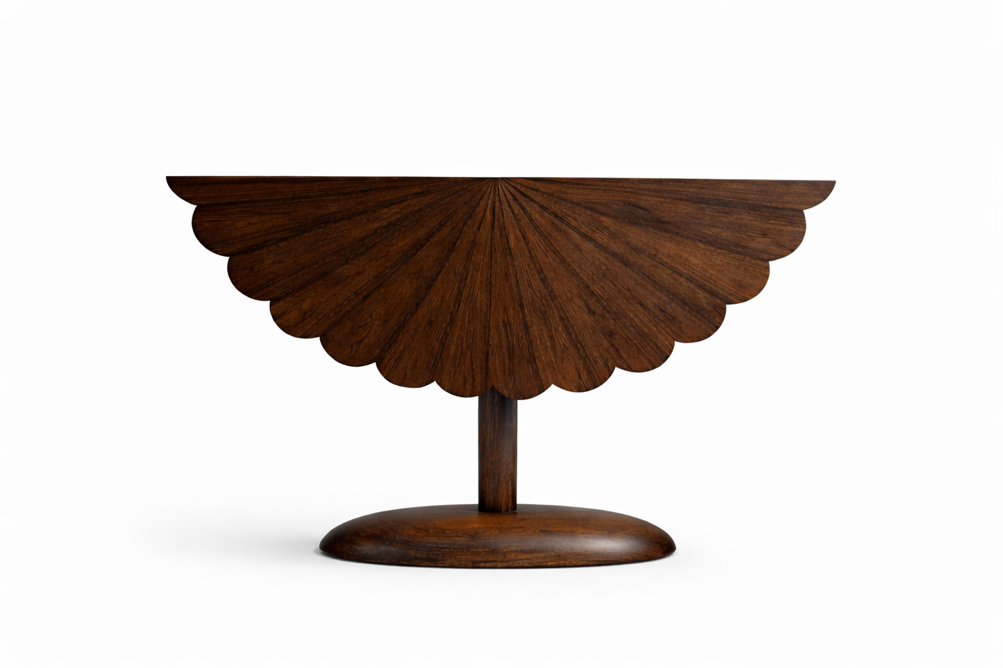 Wooden decorative table with scalloped edge on a white background