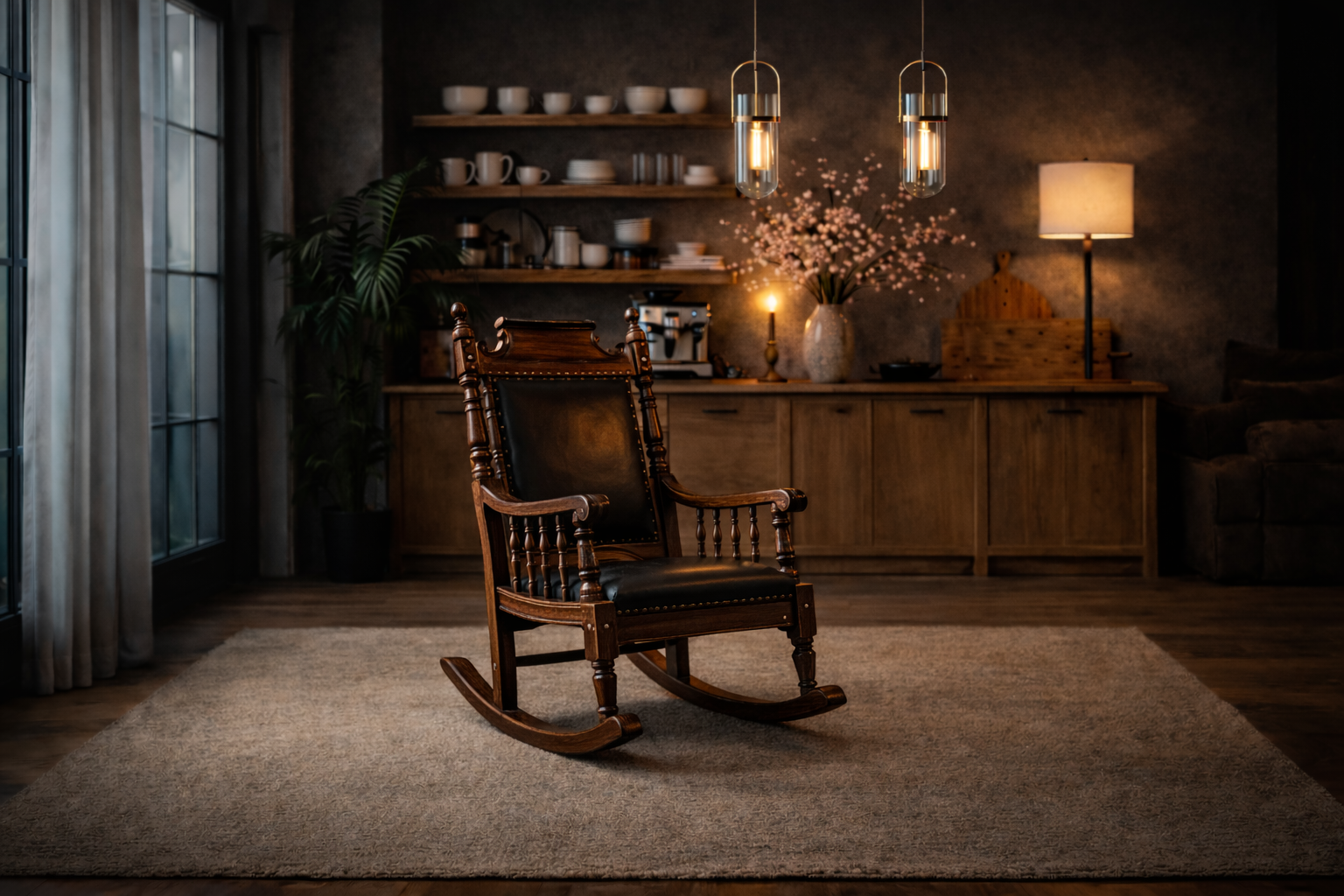 Wooden rocking chair in a cozy room with warm lighting and decor.