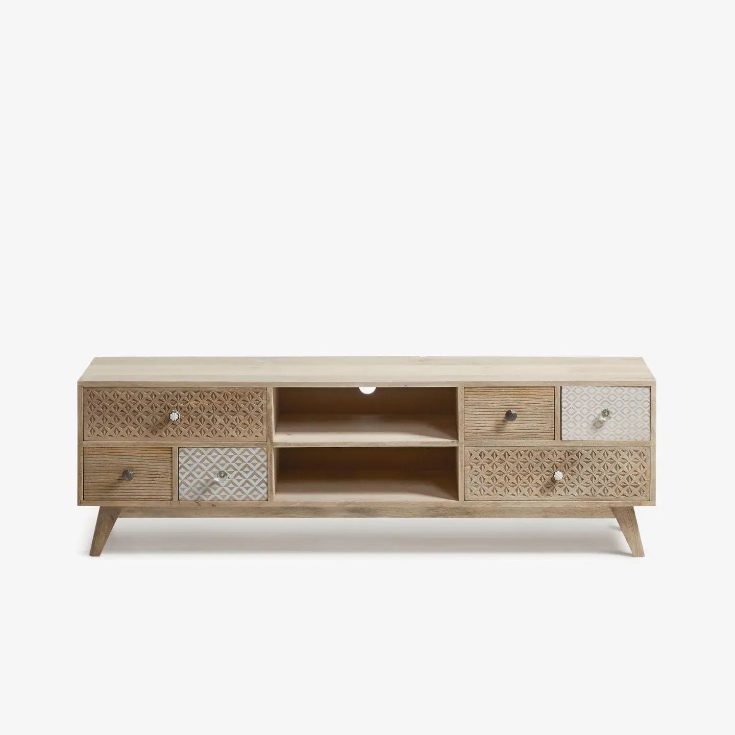 Luxury solid wood TV cabinet online in India. Stylish wooden media console with storage for modern living room interiors.