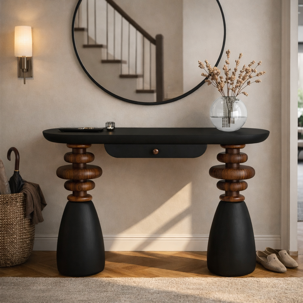 Console table with wooden legs and black top in a room with a mirror and light fixture.