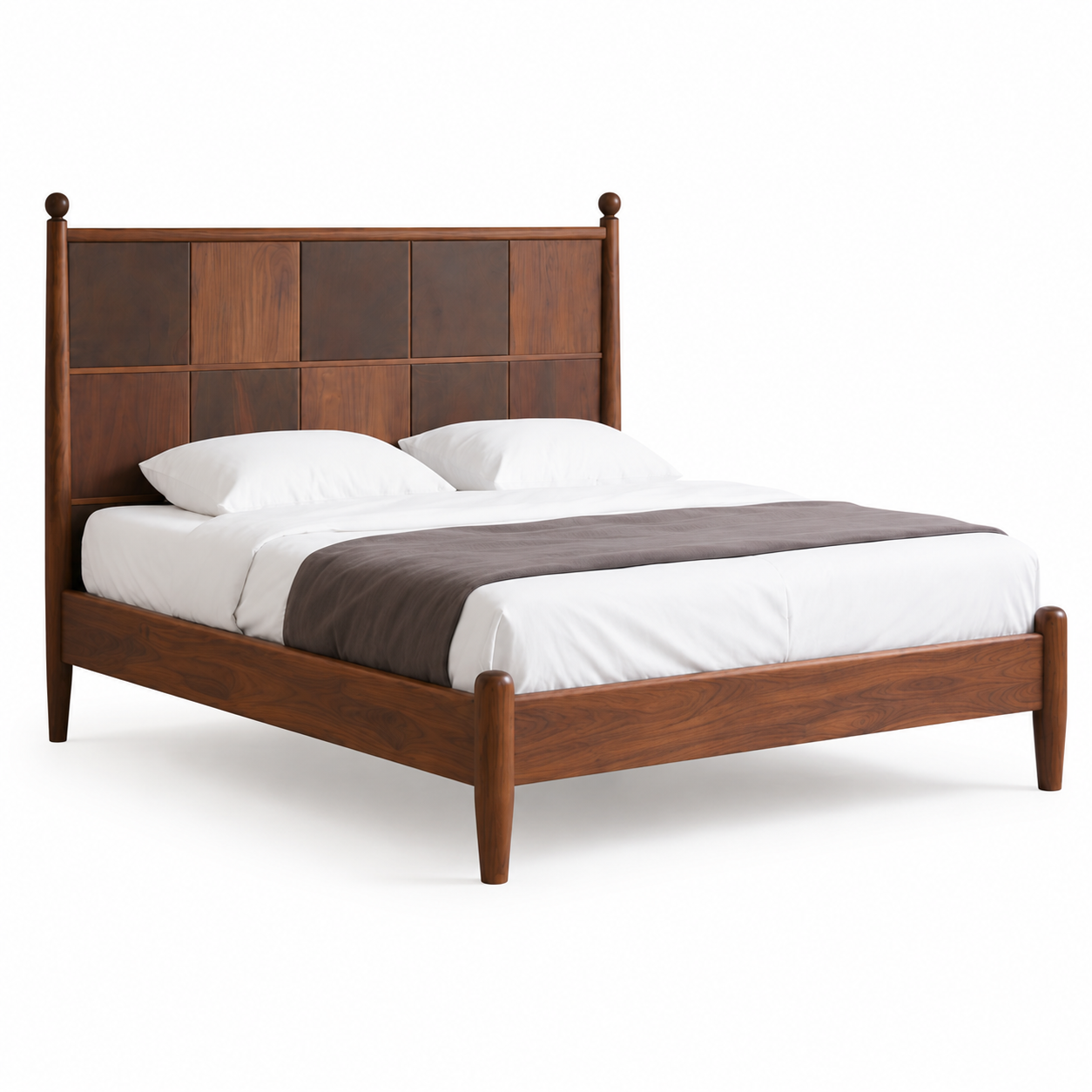 Handmade walnut wooden platform bed styled in a modern minimalist bedroom