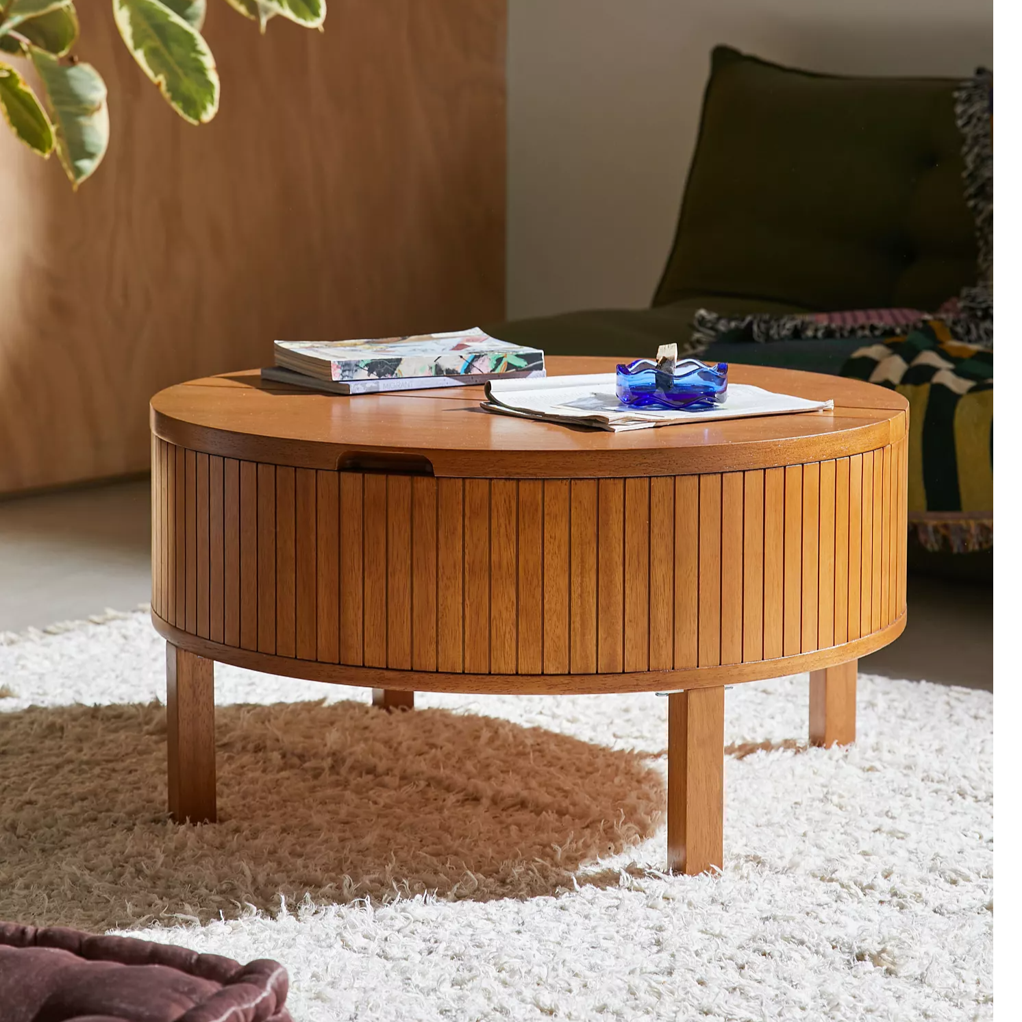 Buy Online barrel shape solid wood center table with storage for living room in India 