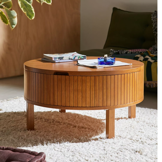 Buy Online barrel shape solid wood center table with storage for living room in India 