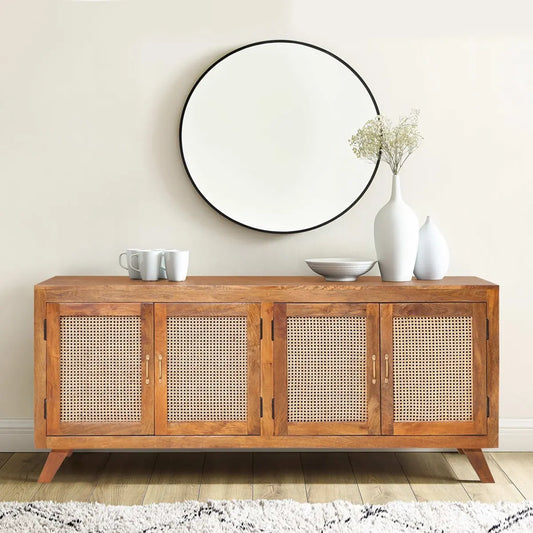Buy solid wood rattan TV cabinet online in India. Wooden media console with cane doors, modern TV unit for living room storage.