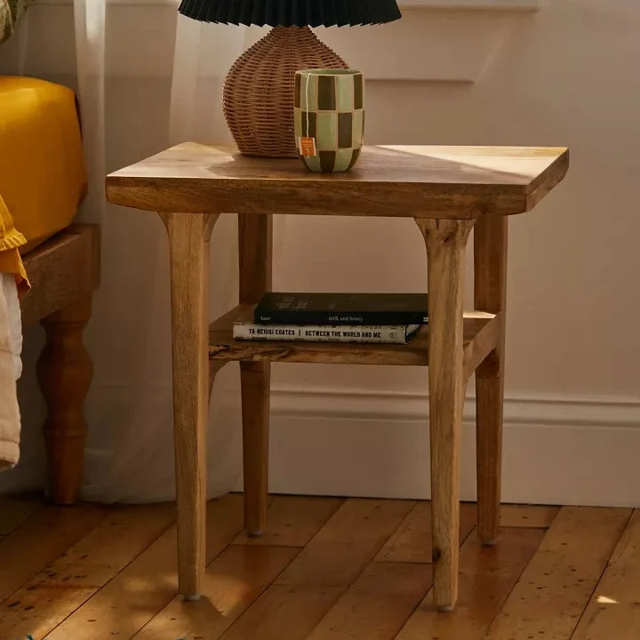 Buy mango wood end table online in India. Solid mango wood side table for living room and bedroom, modern wooden furniture.