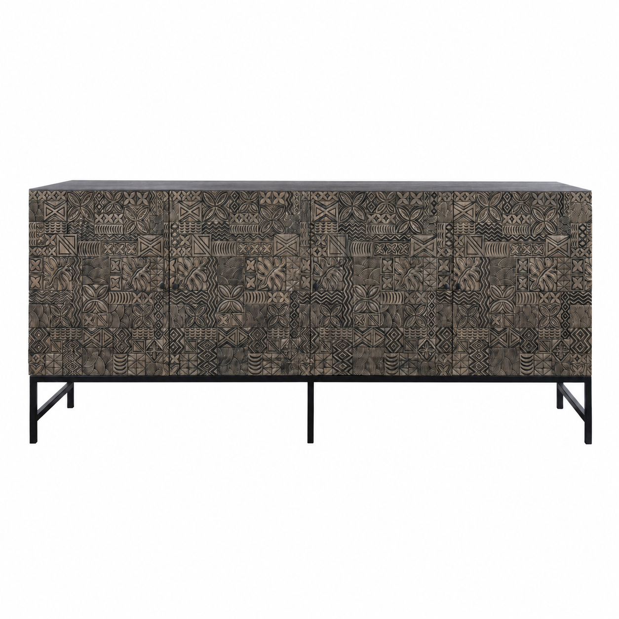 Handcrafted Carved Solid Wood Sideboard Cabinet with Black Metal Base