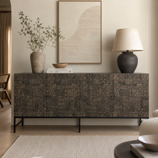 Modern Carved Solid Wood Sideboard Cabinet in Contemporary Living Room