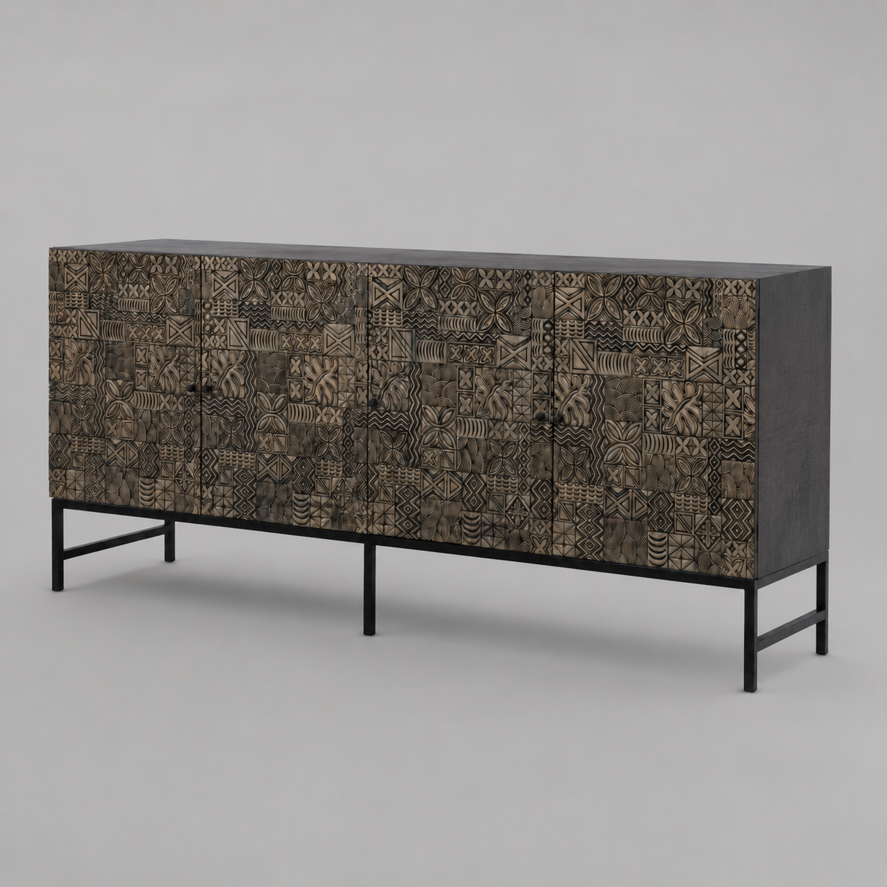 Contemporary Solid Wood Buffet Cabinet with Decorative Carved Front Panels