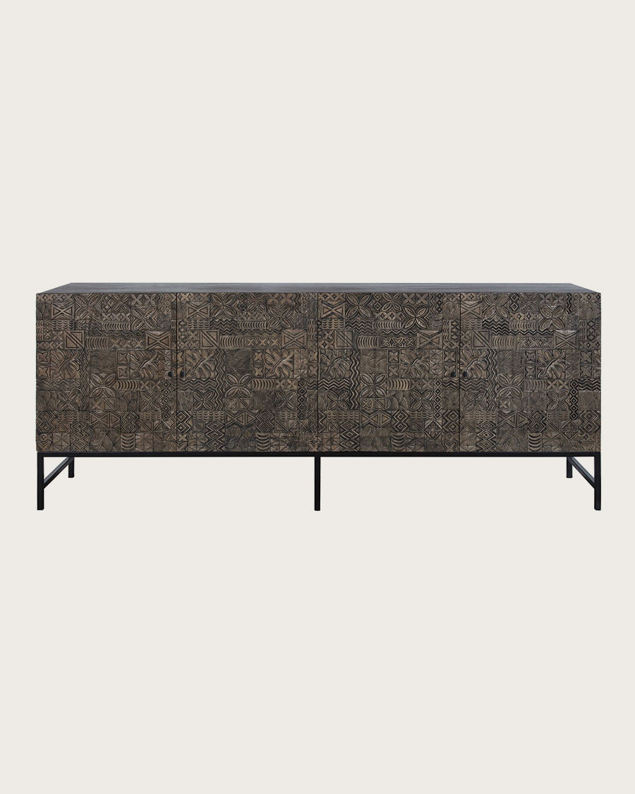 natural wood sideboard with artisan carving design