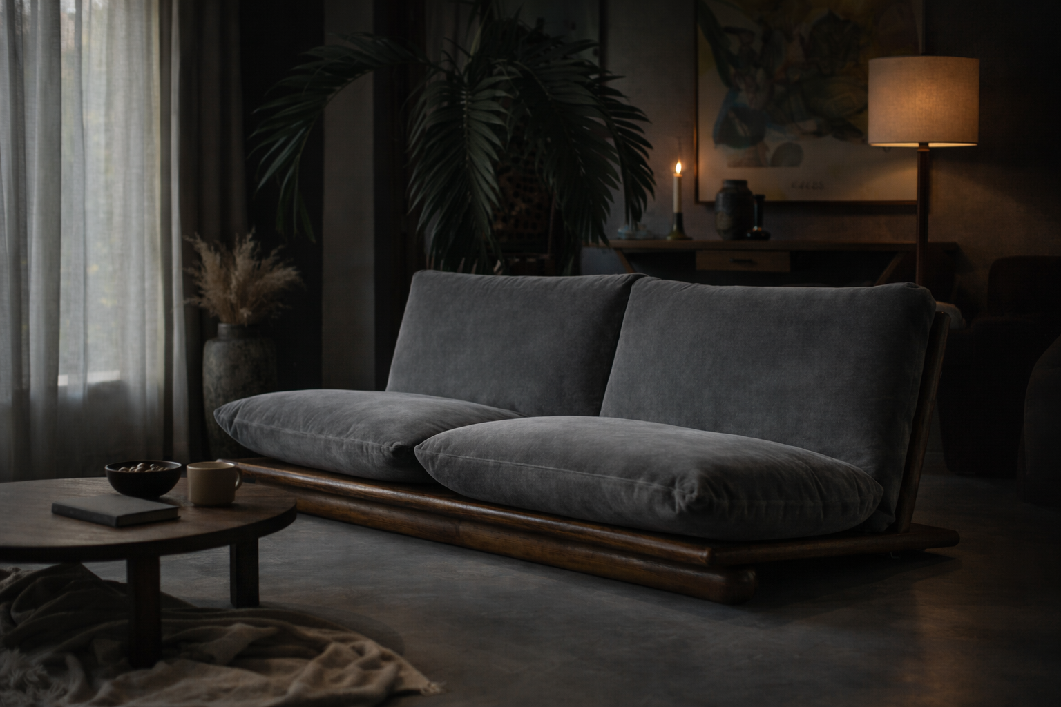 Gray sofa in a dimly lit living room with a lamp and plants.