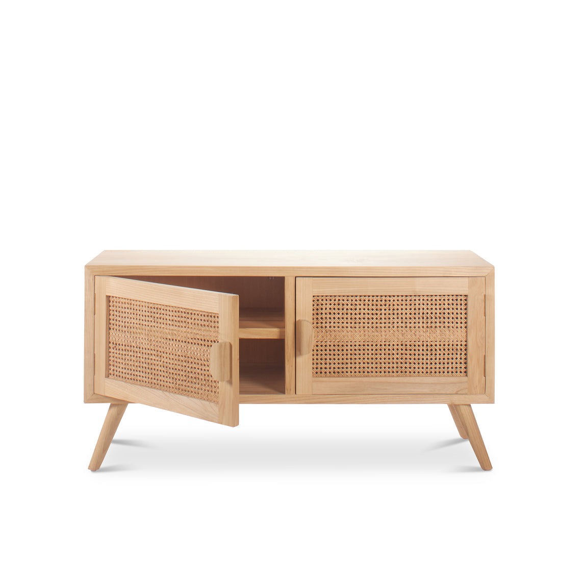 elegant wooden sideboard with woven cane texture- The Leaf Crafts