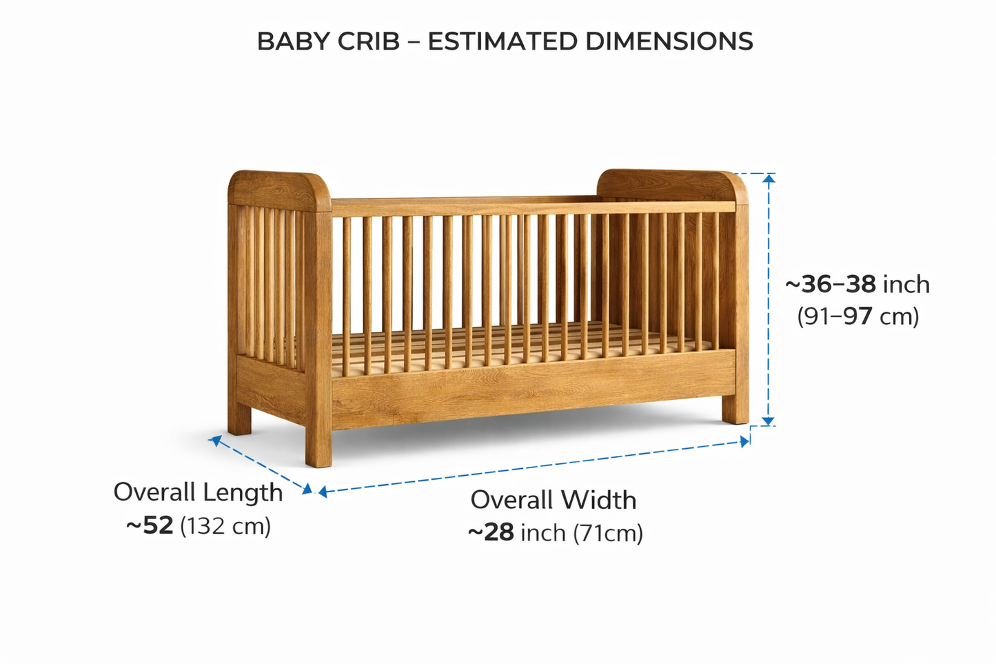 Wooden crib with dimensions labeled on a white background