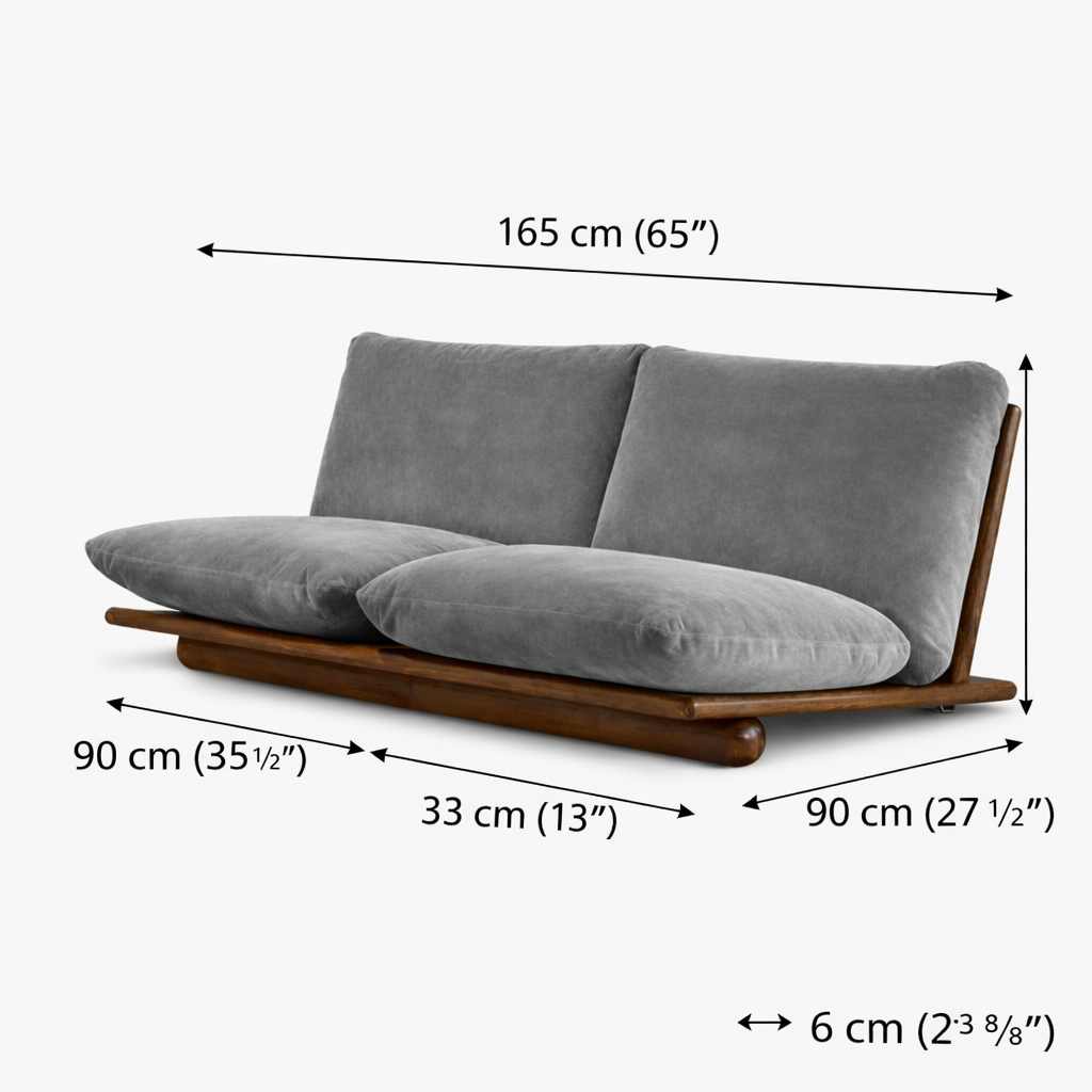 Gray sofa with wooden frame and dimensions labeled on a white background