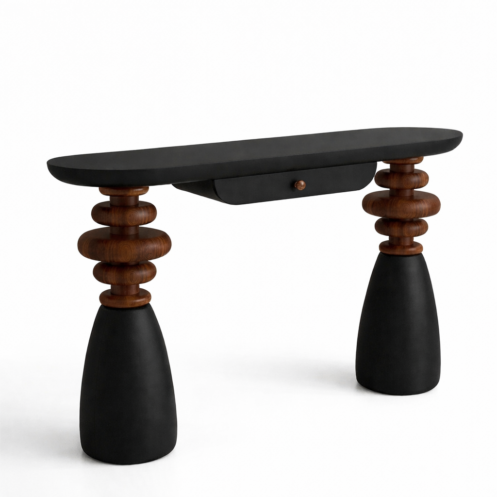 Console table with black top and wooden legs on a white background