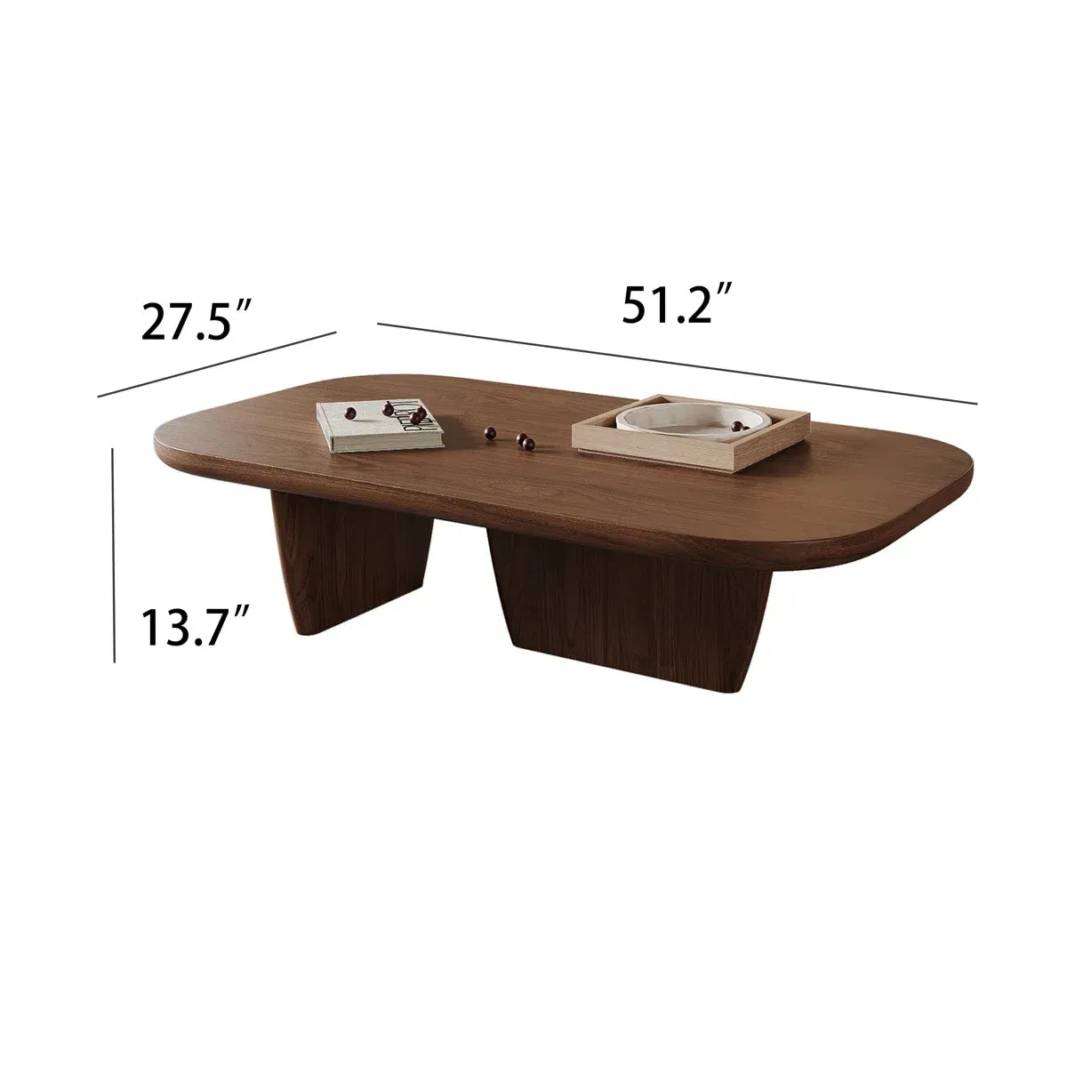 Wooden coffee table with dimensions labeled on a white background