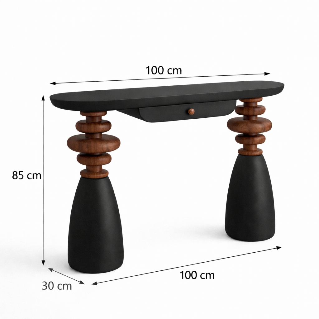 Console table with dimensions labeled on a white background