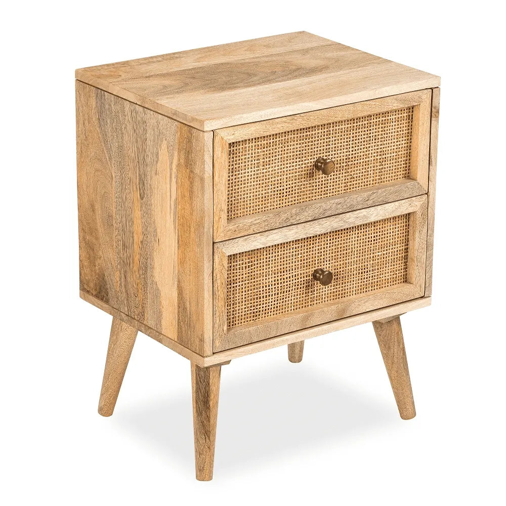 handcrafted wooden side table with rattan