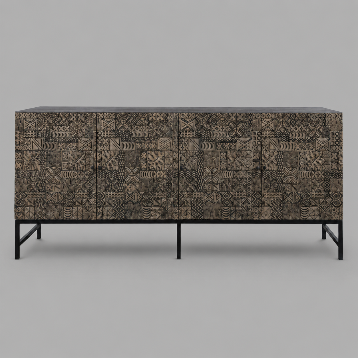 Premium Wooden Sideboard Cabinet with Intricate Carved Pattern and Metal Legs