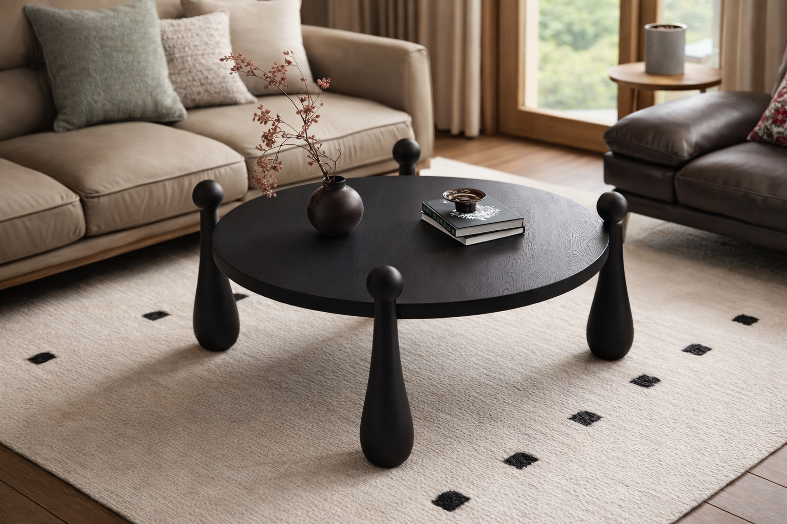 Round black coffee table with unique legs in a living room setting