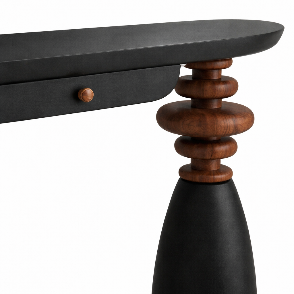 Console table with black top and wooden base on a white background