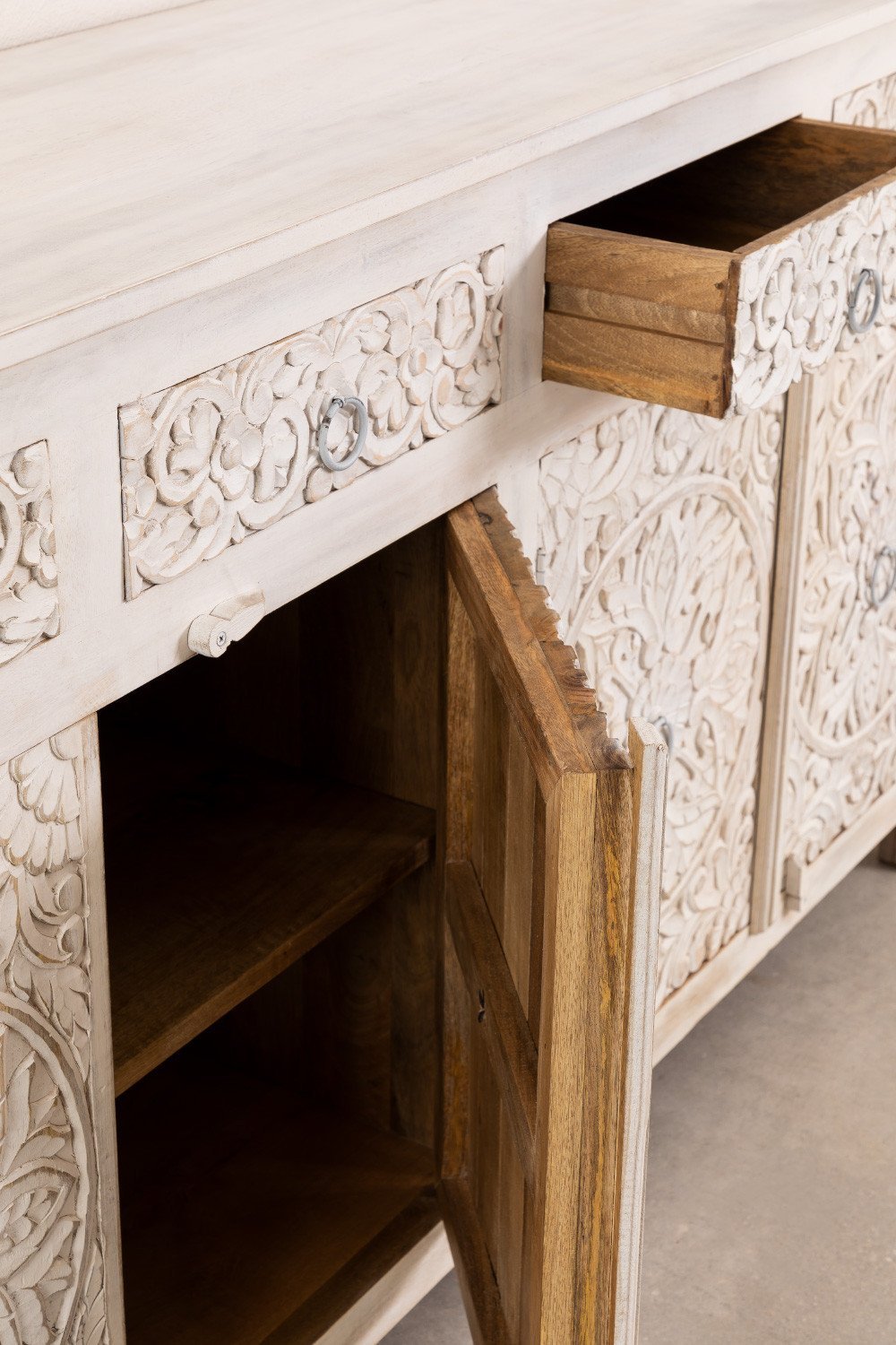 Shop carved wooden sideboard online. Solid wood buffet cabinet with artistic carving, modern storage furniture for living room.