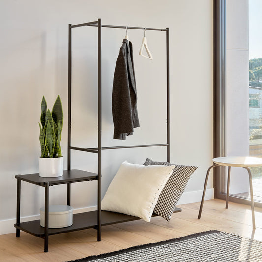 industrial clothes rail with bench for modern entryway